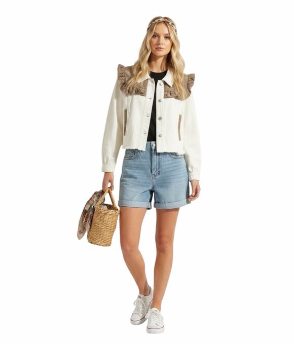 POL Jackets & Blazers - POL White Denim Jacket Ruffle Tweed Collar Frayed Hem Button Front Boutique SM